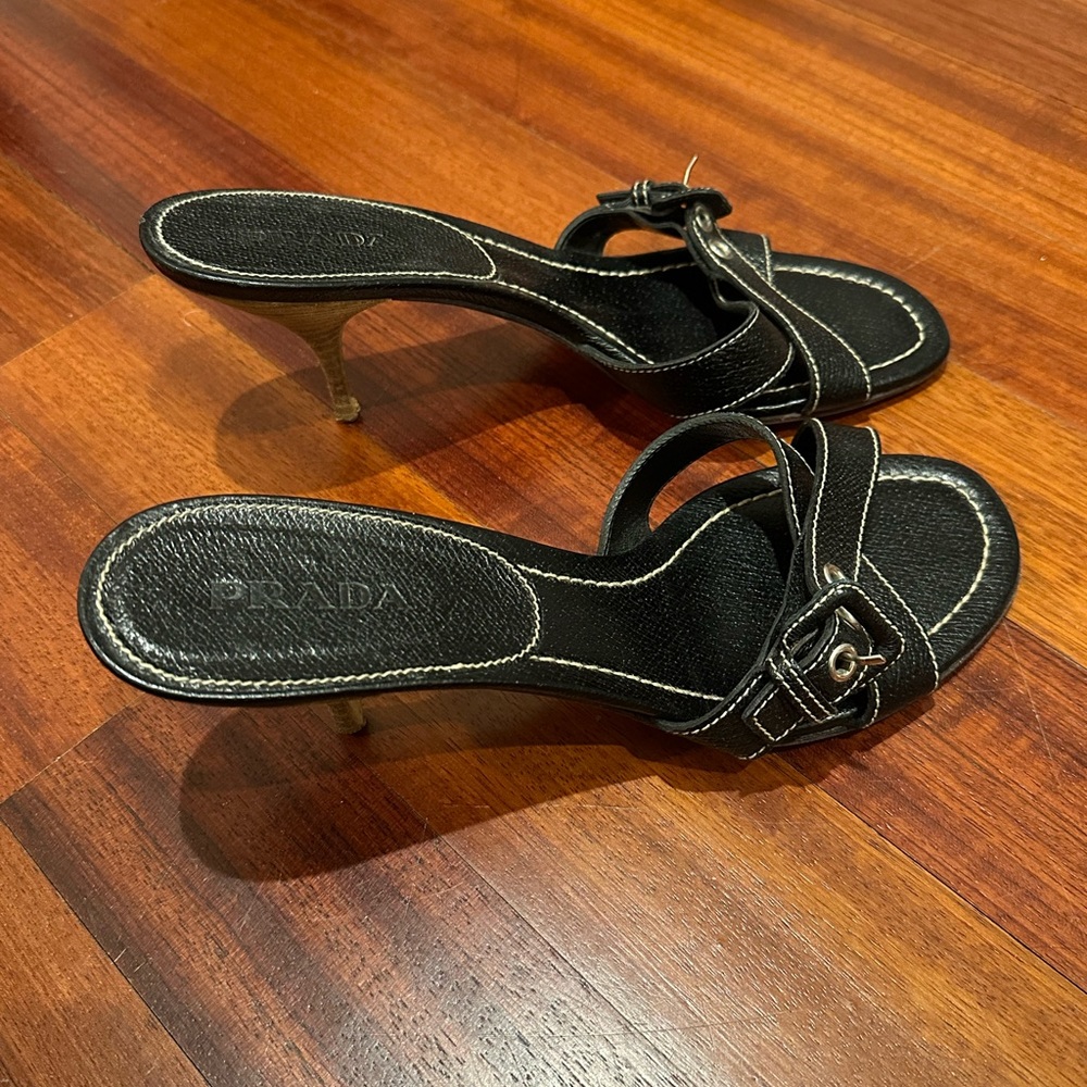 Black leather Prada kitten heel/sandals